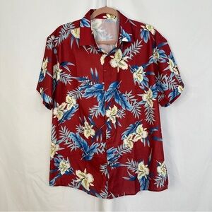 Unbranded Hawaiian Polo Shirt Mens Size Medium Flowers Burgundy Tropical Coastal